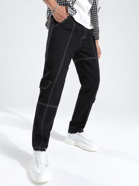 

men stitching slant pocket jeans i57x#, Blue