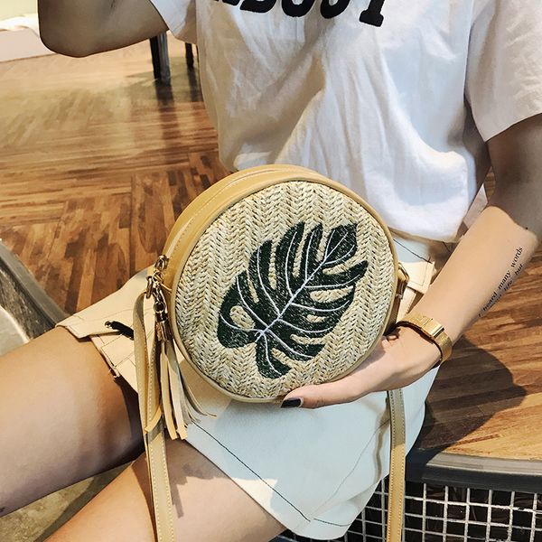 

hbp non-brand spring and summer new leaves pineapple embroidered women's bag straw bag single shoulder slanting tassel small round bag