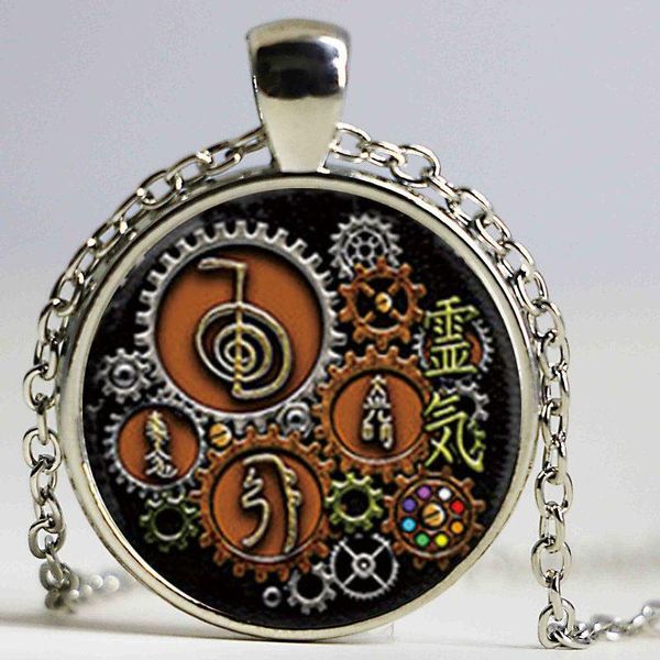

1pcs reiki symbols in steampunk design pendant necklace glass p cabochon necklace, Silver
