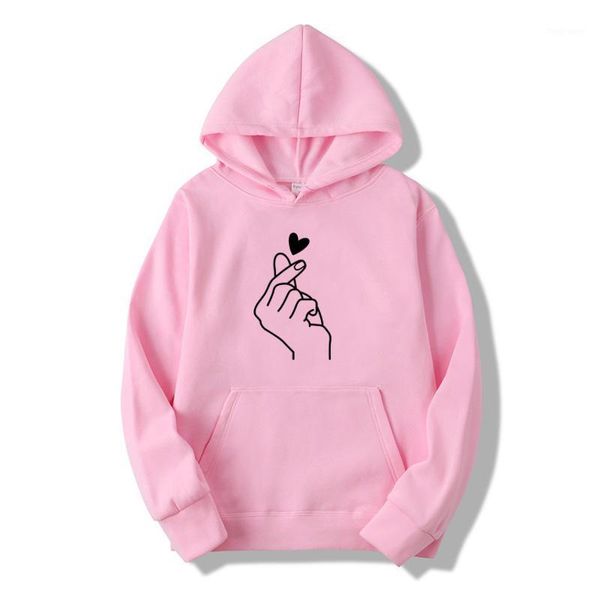 

women hoodies casual kpop finger heart love pattern hooded sweatshirts fashion drawstring long sleeve female pullovers plus size1, Black