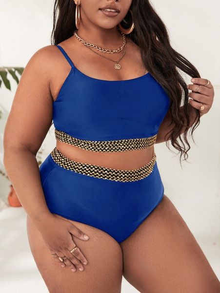 

plus contrast tape bikini swimsuit 93ze#, Black