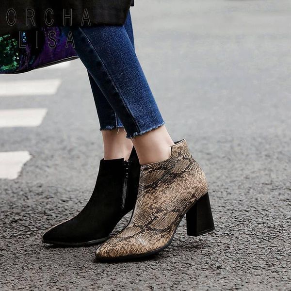 

ORCHA LISA 2020 New Ankle boots Pointed toe thick heel Zipper Western Boots Snakeskin casual shoes Botas feminino Size 48, Black