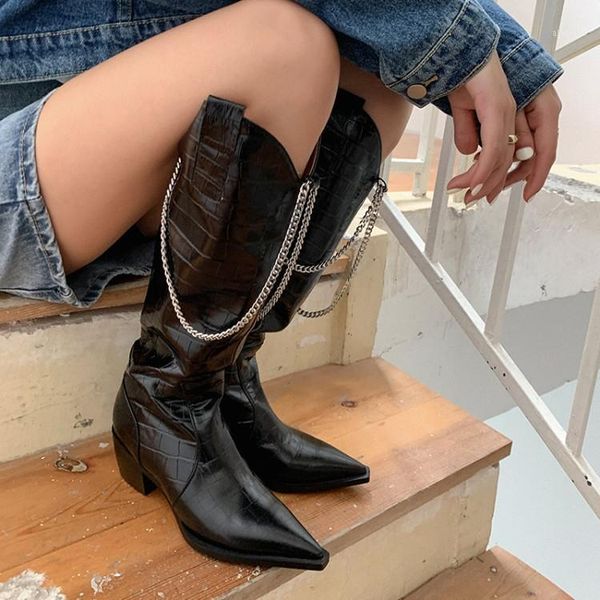 

boots black women high long botas mid-calf knee punk 2021 warm winter ladies fashion platforms shoes chain decor goth1