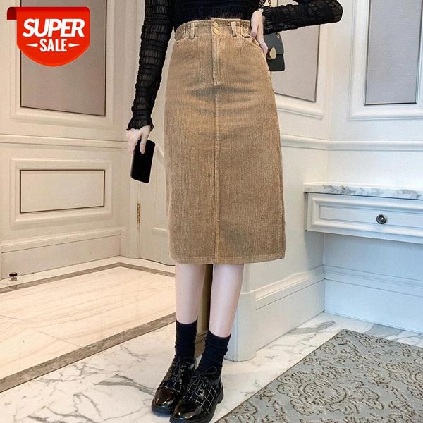 

jxmyy 2020 autumn and winter new corduroy skirt women's slit mid-length skirt high waist a-line thin one step #fh31, White;black