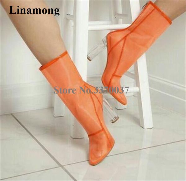 

boots selling women fashion pointed toe candy colors mesh short transparent chunky heel pink orange ankle booties dress shoe, Black
