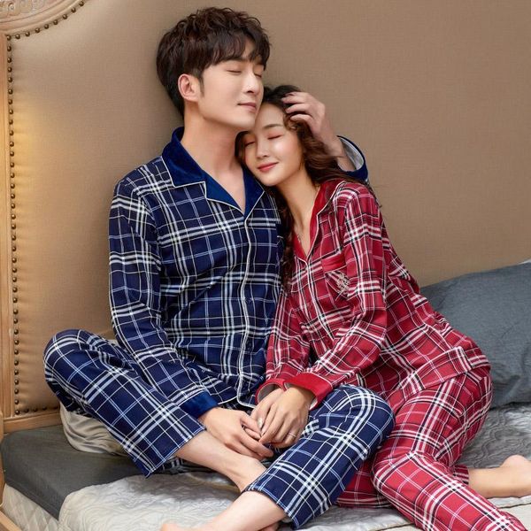 

plaid pajamas sets couples print soft cotton carton fashion men long sleeve sleepwear 2 piece autumn home women lounge gift, Black;brown