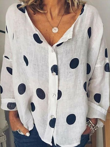 

2020 polka dot loose shirts women cotton linen v neck blouse ladies summer baggy female casual button plus size clothes, White