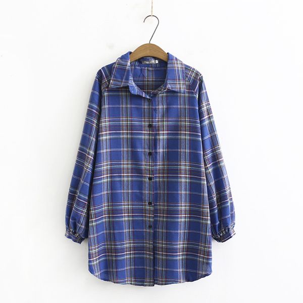 

pink plus blue plaid blouse female sleeve casual long big vintage size 22pu, White
