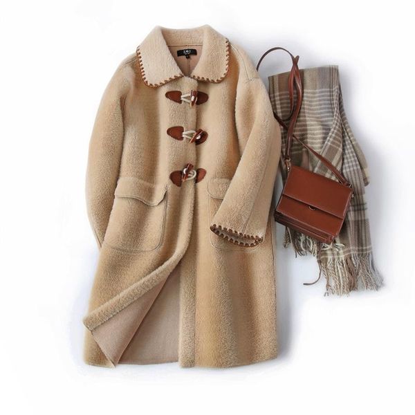 

women's fur & faux long sleeve coat 2021 casual fashion jacket female winter horn buckle overcoat ly712, Black