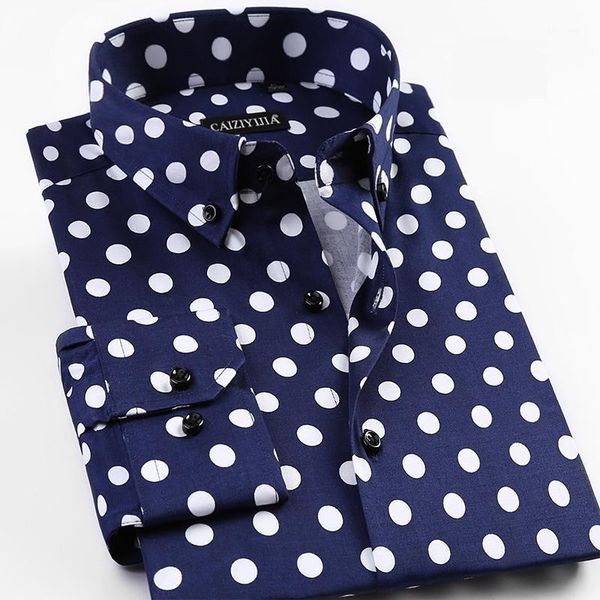

men's long-sleeve standard-fit polka dot design dress shirt comfortable button-collar beach party holiday flower hawaiian shirts1, White;black