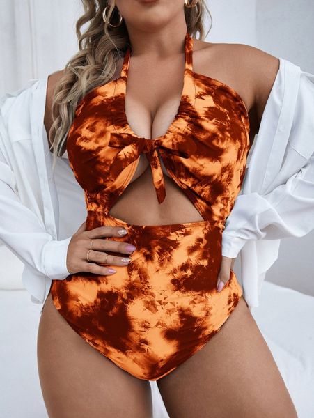 

plus tie dye knot front halter one piece swimsuit h6to#, Black