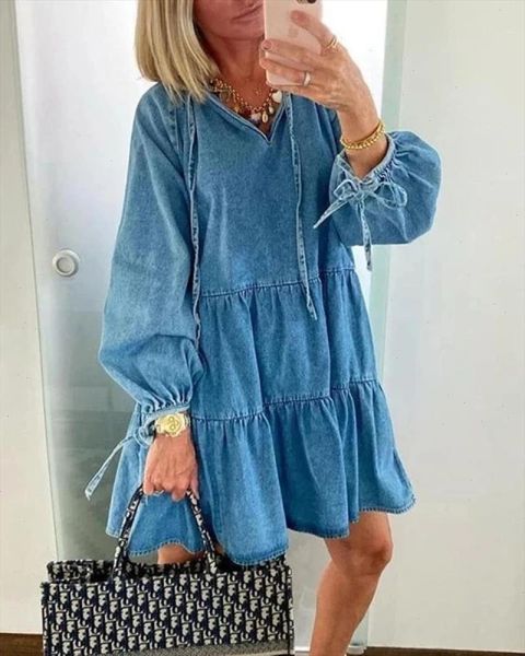 

autumn summer denim dress 2021 fashion long sleeve loose short mini dresses v neck casual lace up shirt dress vestido de mujer, Black;gray