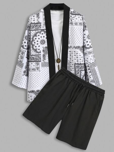

men paisley scarf print contrast trim kimono & shorts without tee 51je#, Gray
