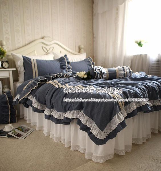 

bedding sets nordic simple blue washed cotton lace bed skirt quilt cover