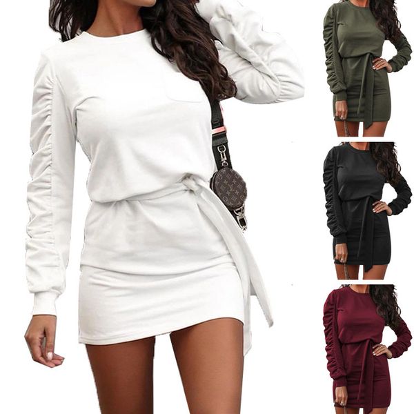 

women stacked long sleeve dress wide waisted crew neck dresses with sashes ladies solid color clothes, Black;gray