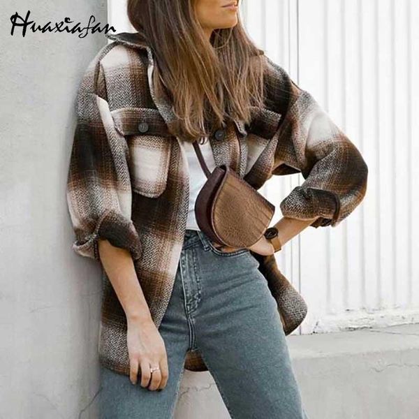 

huaxiafan woolen plaid coat jackets women casual autumn streetwear loose ladies chic jacket coats female 2021 spring new fashion, Black;brown