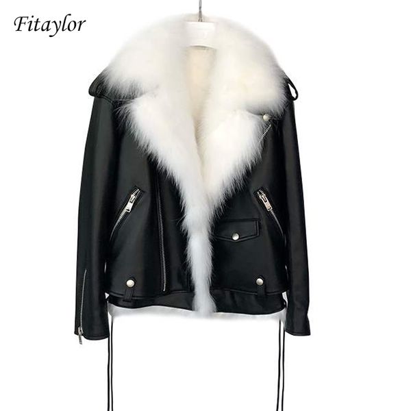 

fitaylor winter faux leather jackets women white faux fur vest+ black pu leather motorcycle coat female snow short outerwear 201020