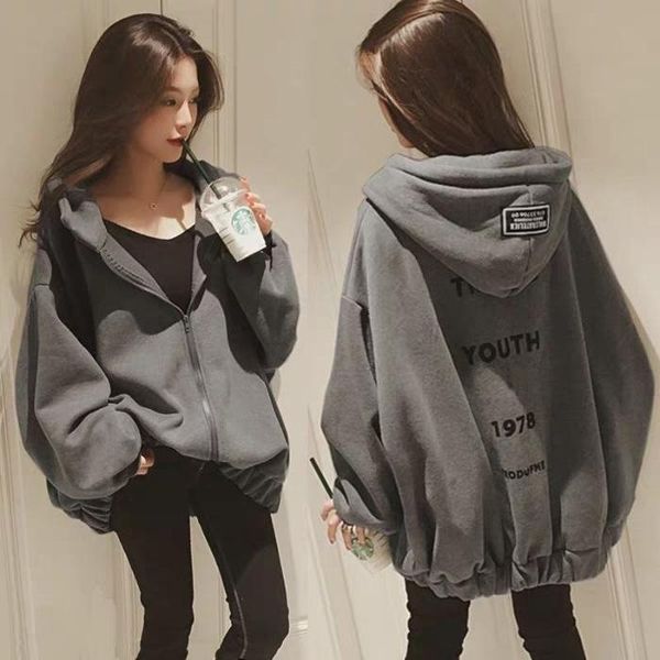 

new pattern plush hoodie female loose and thickened winter clothes women zip up anime hoodie long sleeve sweatshirt, Black