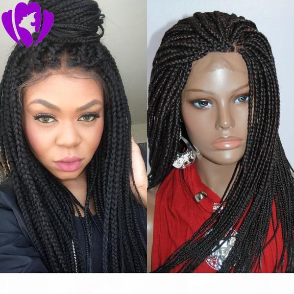 

long full density black brown braided wigs with baby hair heat resistant hair micro braids synthetic lace front wig for black women