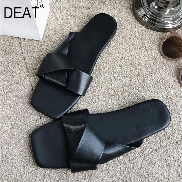 

slippers [deat] 2021 spring summer square toe shallow pu leather bowknot casual outside flat women shoes fashion tide 10a3231, Black