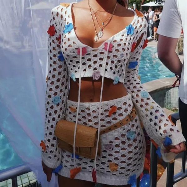 

club outfits skirt knit hollow out crop skirt two pieces set long sleeve crop matching sets summer 2020 new1, White