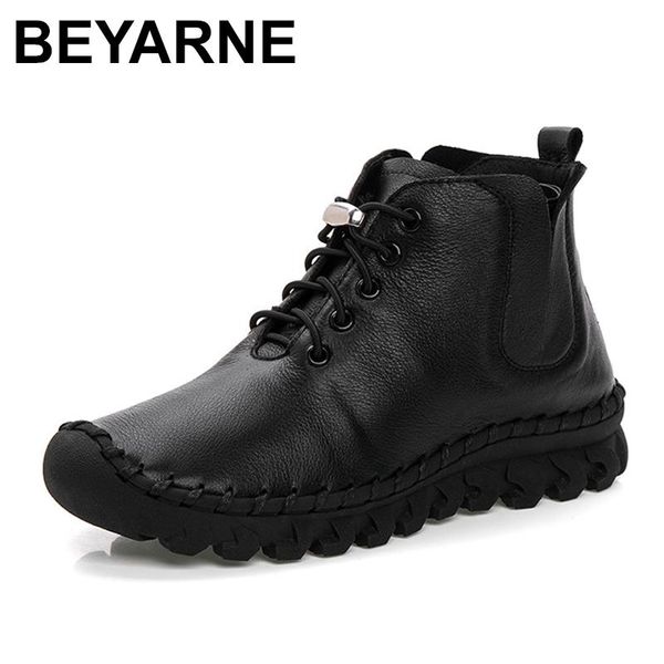 

boots beyarnefull grain leather for women, flat shoes, plush casual short winter womee1093, Black