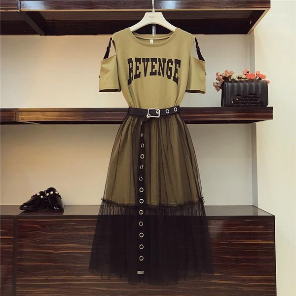 

2 piece set summer women's cotton long strapless t-shirt +mesh see through skirt sets women fashion holes belt skirts suits1, White