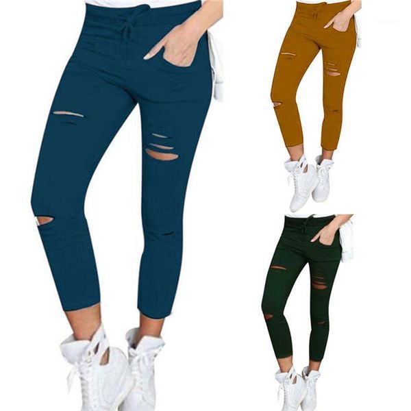 

2018 new slim pencil pants pencil hole trousers jeans women cotton blend elastic high waist trousers vintage skinny jeans #06121, Blue