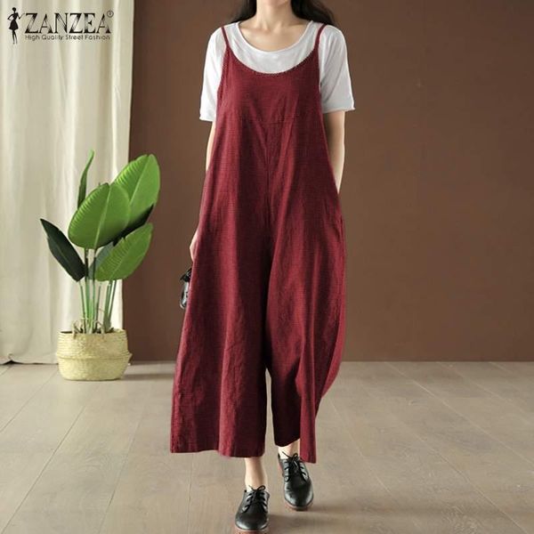 

zanzea women casual loose plaid jumpsuits sleeveless wide leg long playsuits pockets o-neck kaftan holiday rompers plus size 5xl, Black;white