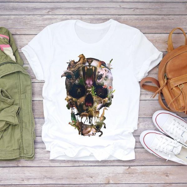

women summer fashion skull butterfly plant short sleeve lady t-shirts ladies graphic clothes female casual tee, White
