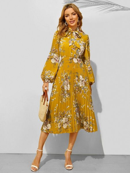 

tie neck lantern sleeve pleated floral dress 97np#, Black;gray