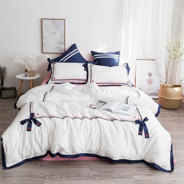 

42 new blue white egyptian cotton bow decoration bedding set duvet cover bed sheet bed linen pillowcases 4pcs1