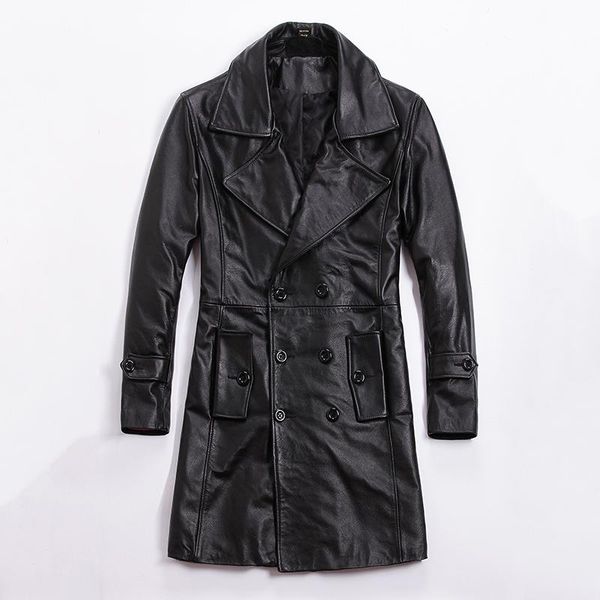 

2020 men's winter genuine leather coat smart causal lapel cow leather long coat men slim fit cotton liner windbreaker male, Black