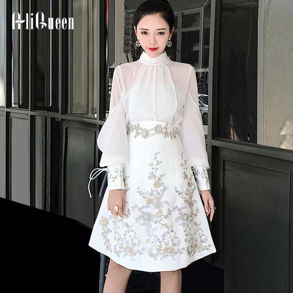 

runway women 2 piece set elegant bowknot collarlantern long sleeve chiffon shirt + beading embroidery mini skirt suit sets y200828, White
