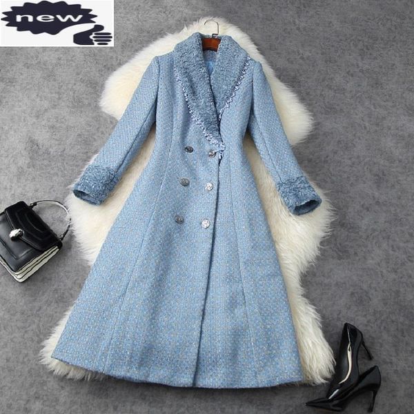

coats wool blend 2021 winter outerwear coat women turn-down collar double breasted casual vintage woolen overcoats, Black