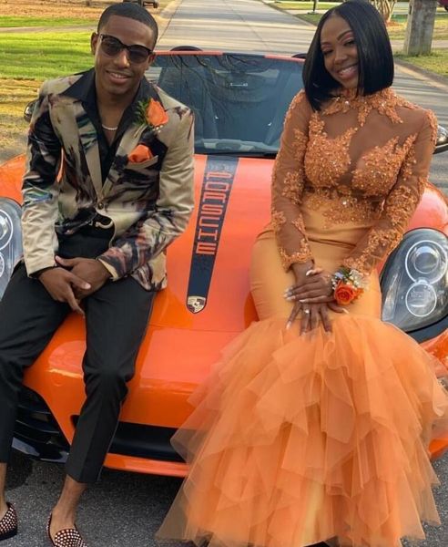 

2021 designer orange prom dresses mermaid illusion lace beading high collar formal evening dresses long sleeves vestidos, Black