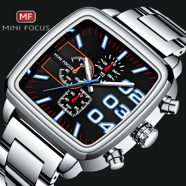 

minifocus classic business sport quartz watches man 3 time zones chronograph clock fashion full steel belt wristwatch waterproof, Slivery;brown