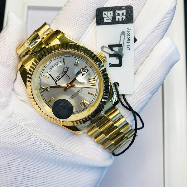 

u1 factory 2021 mens watch day date dial roman number big date automatic mechanics watch men sapphire glass stainless steel mens watch, Slivery;brown