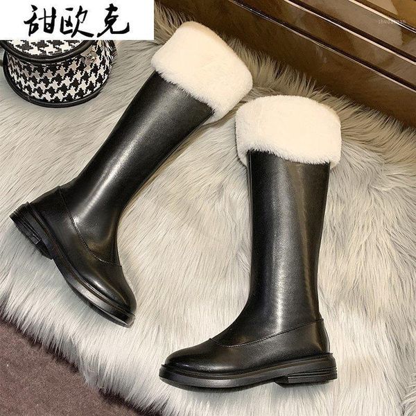 

boots women's mid-calf plush warm leather 2021 fashion women long autumn round toe ladies platform shoes botas mujer1, Black