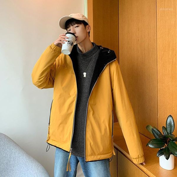 

men's jackets letahou men's 2021 autumn and winter ins trend hooded jacket double-sided lamb coat men1, Black;brown