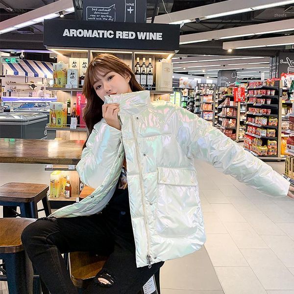 

short stand collar winter parka women fashion glossy female jacket oversize chic coat1, Black