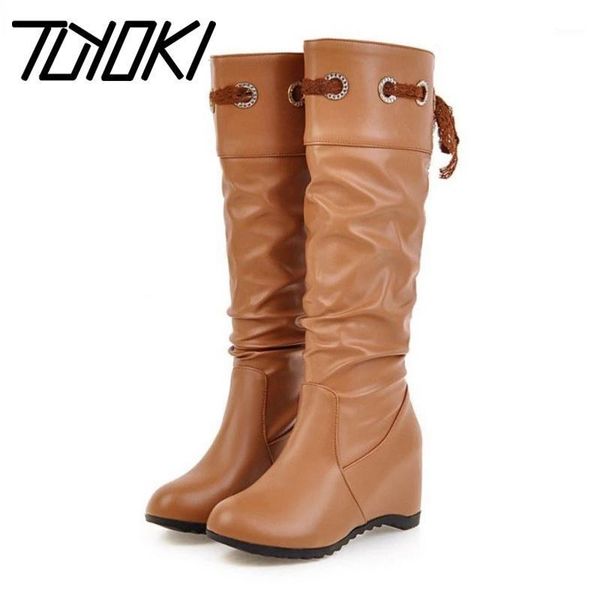 

tuyoki retro woman winter knee high boots lace up wedges round toe simple warm boots daily office ladies shoes women size 33-431, Black