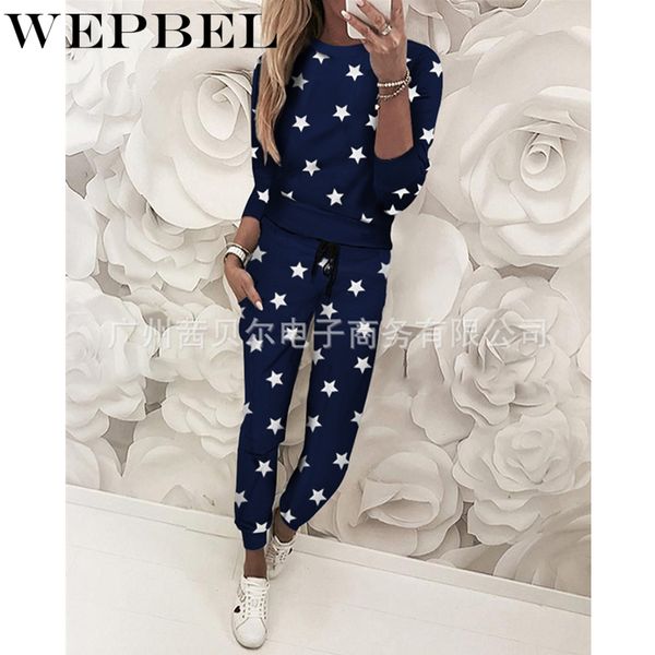 

cute women's pajama sets five-pointed stars printed round neck cotton sweet pajamas for ladies sweatshirt sweatpants q1210, White