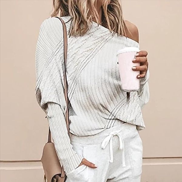 

women sweater shoulder knitted autumn winter solid pullover loose batwing long sleeve sweater ladies jumper, White;black