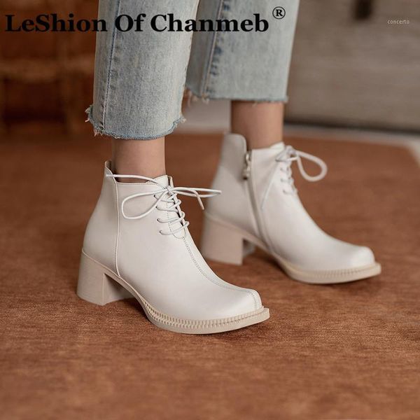 

size 33-41 natural cow leather boots ladies cross tied big round toe shoes autumn winter women chunky heels ankle boots female1, Black
