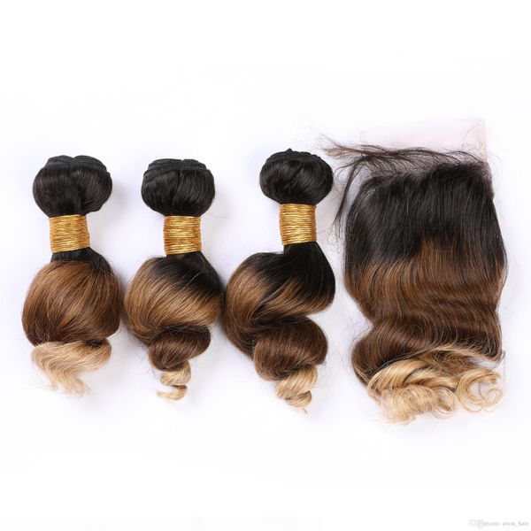 

brazilian ombre wavy hair bundles with closure #1b #27 #613 dark root 8a ombre bundles with closure 4" *4, Black;brown