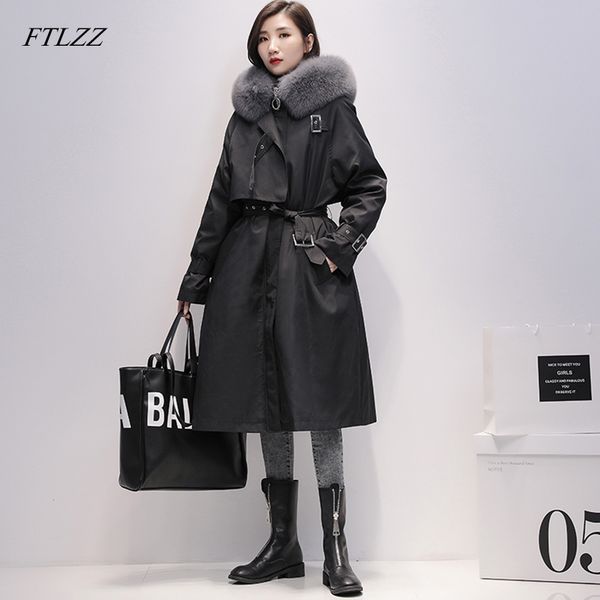 

ftlzz large natural fox fur hooded parkas winter long jacket women 90% white duck down thick coats vintage loose snow overcoat t200810, Black;brown