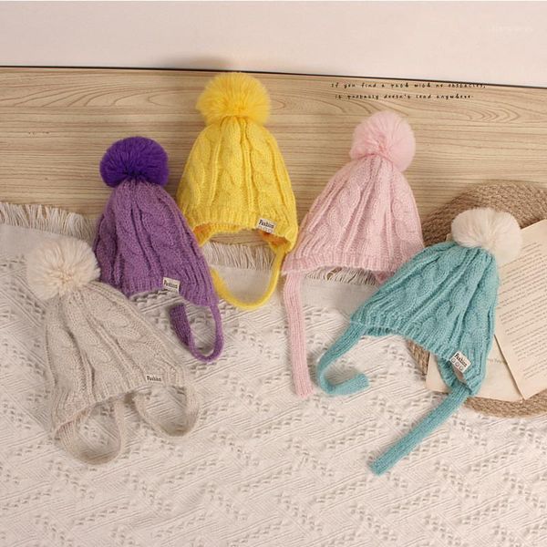 

cute solid big ball elastic baby hat children's knit cotton beans autumn winter warm girl cute pompom cap 0-36months1, Yellow