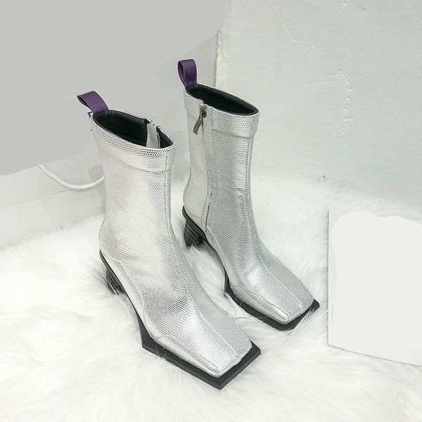 

[deat] 2020 square head thick heel zipper pu leather single shoes women cool boots new spring summer fashion tide sg977, Black