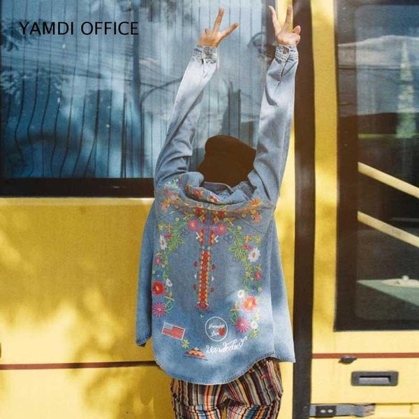 

blue jacket vintage hippie boho vintage embroidery women long sleeves fashion denim clothing denim chic shirt basic jacket, Black;brown